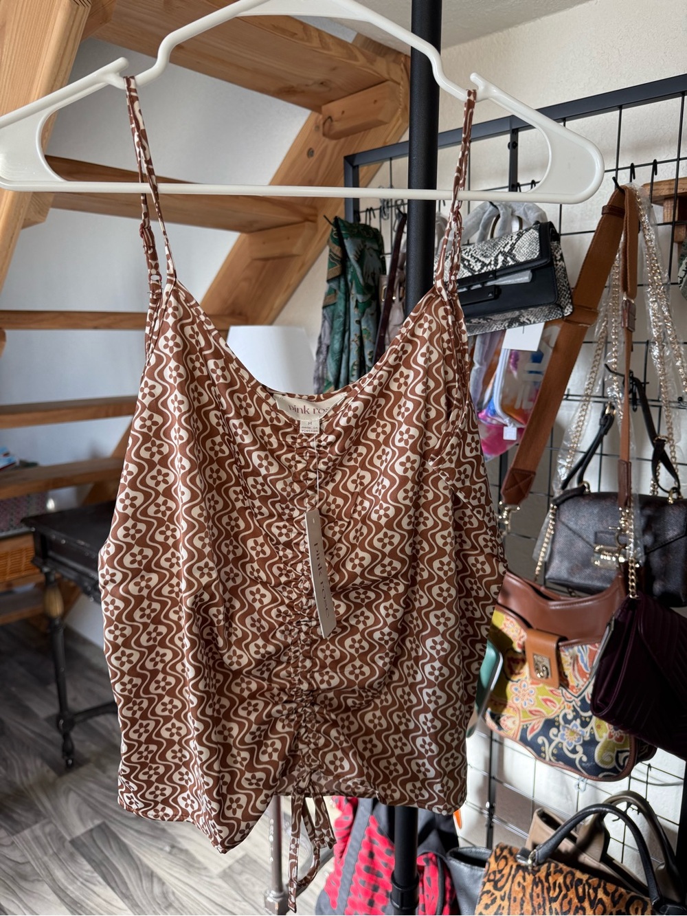 NWT Pink Rose Retro Brown & Cream Ruched Cami Tank Top Medium